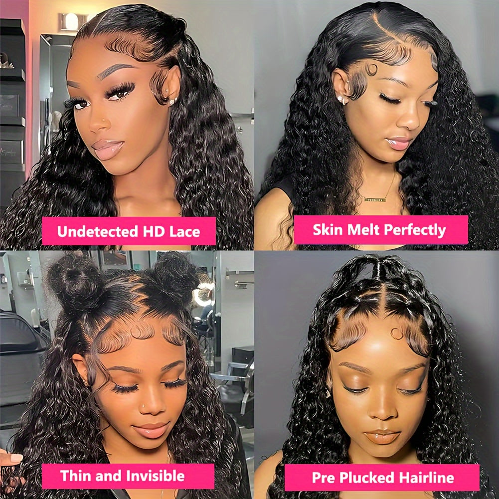 13*4 Water Wave Lace Front Glueless Human Hair Wig For Women - 200% Density, HD Deep Curly Frontal Wig - Wet And Wavy Ready To Wear