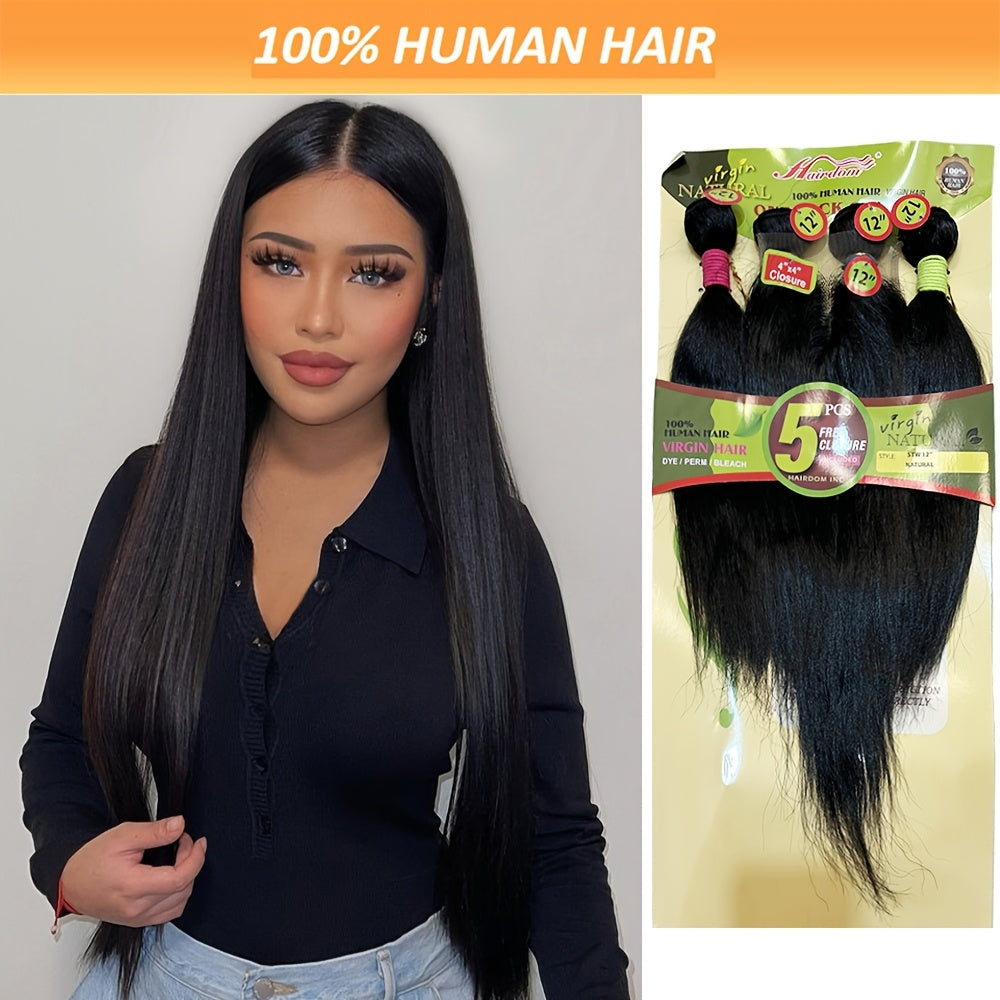 Hair Sophisticated 4 Bundles Straight 100% Unprocessed Human Hair with 4x4 T-Part Lace Closure – Natural Black, Seamless Blend for All Ethnicities