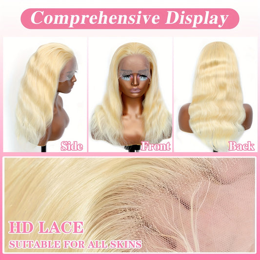 Hair Sophisticated 613 Blonde Body Wave Lace Front Wig – 13x4 HD Transparent Indian Virgin Human Hair, 180% Density, Pre-Plucked Lace Wig for Women