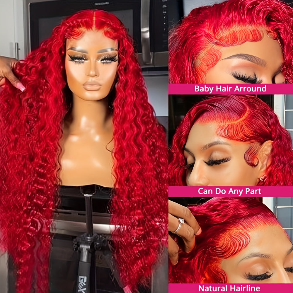 Red Color Loose Deep Wave 13x4 Transparent Lace Front Wigs for Women with Pre Plucked Glueless Wig Pre Plucked with Baby Hair Full Edges Middle Part Lace Wig for Women Girls Tax Rebate Hot Selling 230 Density