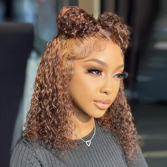 Natural Look For Women, Short Bob Honey Blonde Ombre Curly Lace Front Wig - 13x4 HD Human Hair, Pre-Plucked With Baby Hair, 250% Density Water Wave, Highlighted Gradient Color Transition, Hair Wig Perfect For Beginners