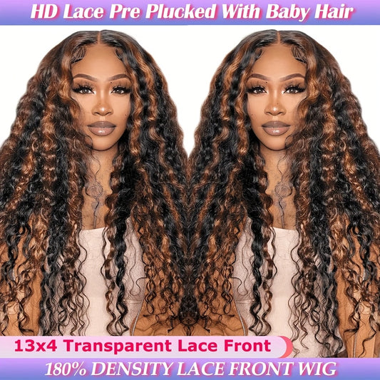 Highlight Lace Front Wig Human Hair 1B/30 Black And Brown Deep Wave Wigs Glueless Wigs Human Hair Pre Cut 13x4 HD Lace Frontal Wig Human Hair Pre Plucked with Baby Hair 200% Density human hair bundles