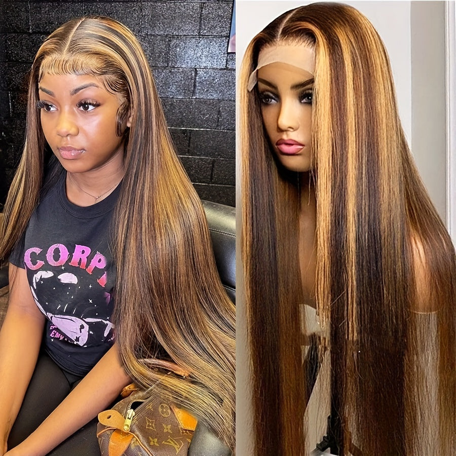 Hair Sophisticated P4/27 Highlight Straight Wig โ 13x4 HD Transparent Lace Front, Brazilian Human Hair, 180% Density, Pre-Plucked Natural Hairline