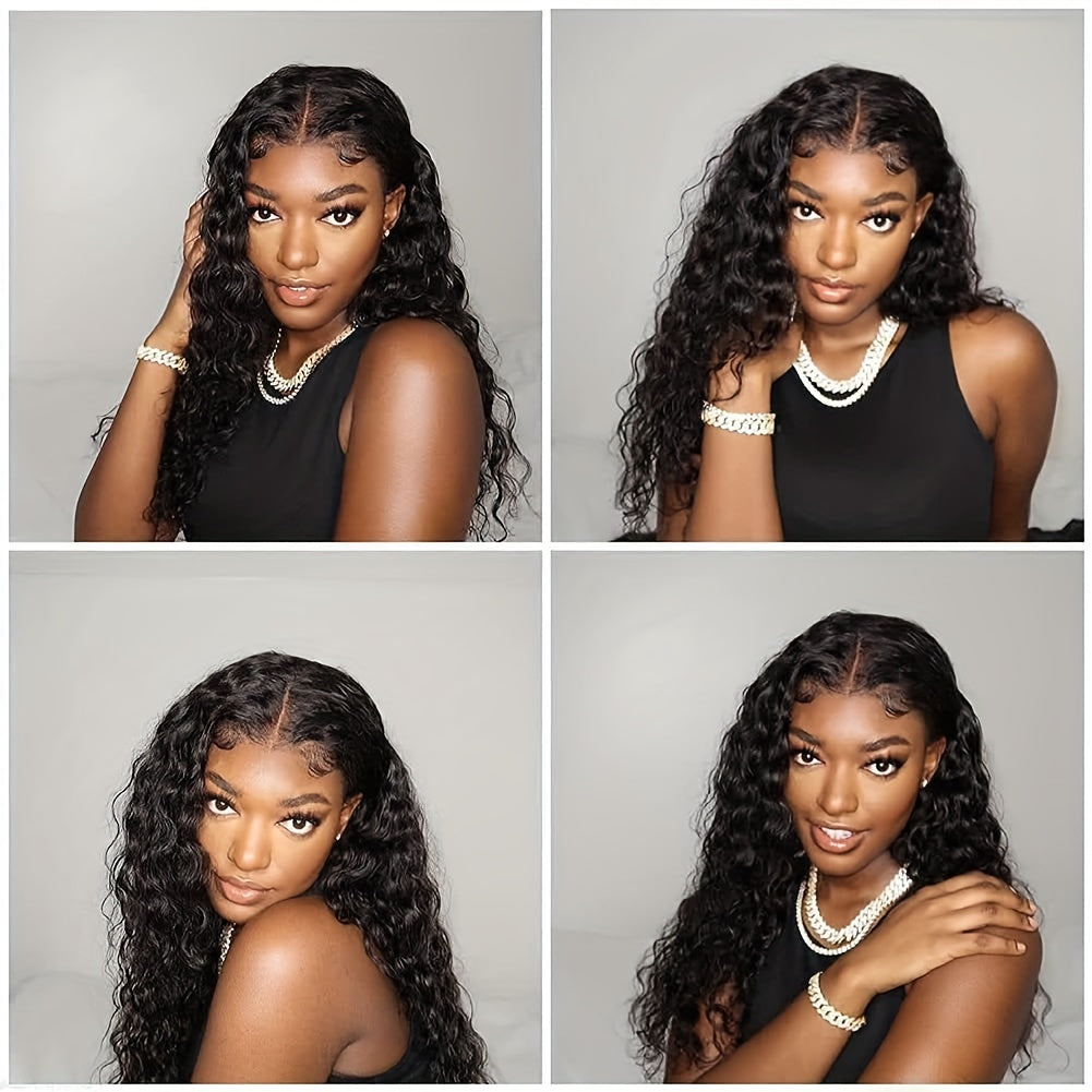 180% Density Deep Wave Lace Front Wig - 4x4 Transparent Closure, Human Hair, Natural Black Color, Wet and Wavy Look with Baby Hair for Women, Versatile Hair Wig | Voluminous Hairstyle | Full Luxurious Wig