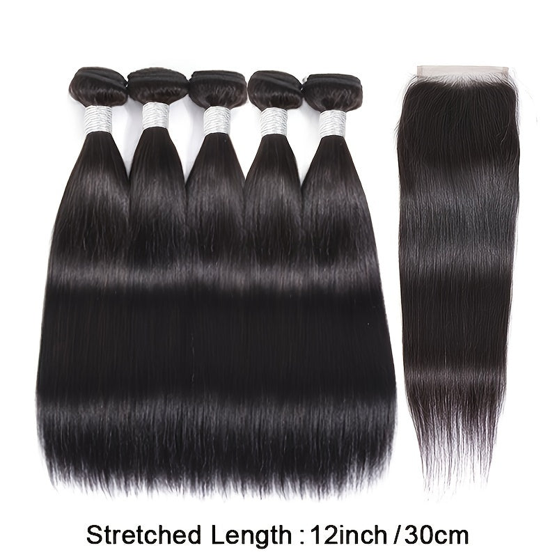 5 Bundles Brazilian Remy Human Hair Extensions with 4x4 Transparent Lace Closure - Straight Black Hair for Women, Remy Human Hair Look, Versatile Styling Options