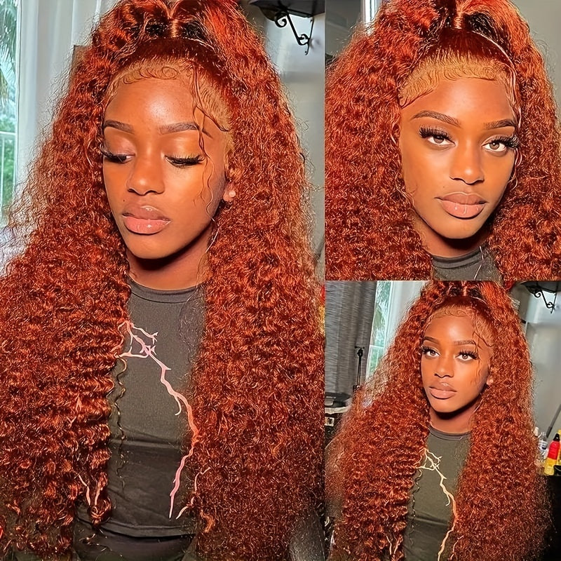200 Density Ginger Curly Human Hair Wig - Pre-Plucked Deep Wave Lace Front Wig with 13x4 HD Transparent Lace, Elegant Style for Women, Perfect for Black Individuals, Natural Look & Full Coverage