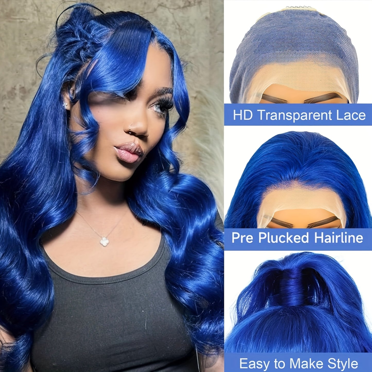 Hair Sophisticated Blue Body Wave Lace Front Wig – 13x4 HD Lace, 100% Human Hair, Pre-Plucked, Glueless, 12A Grade, 180% Density, Vibrant Colored Wig for Women