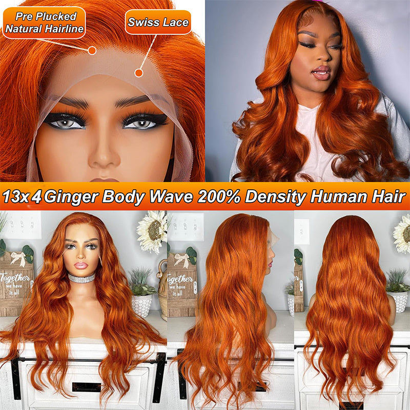 Hair Sophisticated 34" Ginger Orange Body Wave Lace Front Wig – 13x4 HD Transparent, Brazilian Virgin Human Hair, 200% Density, Pre-Plucked with Baby Hair, Natural Hairline, Christmas Gift for Women