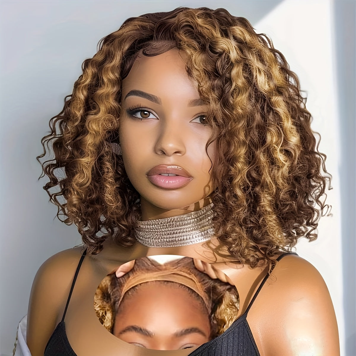 Natural Look For Women, Short Bob Honey Blonde Ombre Curly Lace Front Wig - 13x4 HD Human Hair, Pre-Plucked With Baby Hair, 250% Density Water Wave, Highlighted Gradient Color Transition, Hair Wig Perfect For Beginners