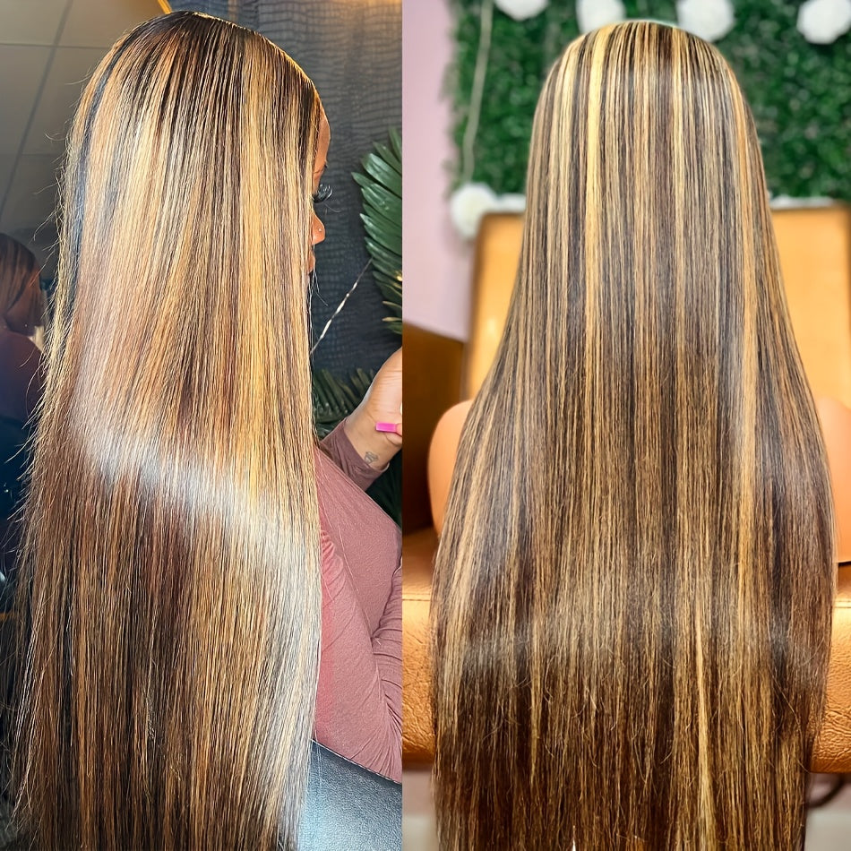 Hair Sophisticated P4/27 Highlight Straight Wig โ 13x4 HD Transparent Lace Front, Brazilian Human Hair, 180% Density, Pre-Plucked Natural Hairline