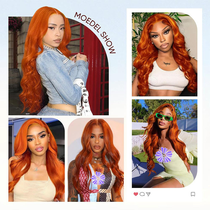 Hair Sophisticated 34" Ginger Orange Body Wave Lace Front Wig – 13x4 HD Transparent, Brazilian Virgin Human Hair, 200% Density, Pre-Plucked with Baby Hair, Natural Hairline, Christmas Gift for Women