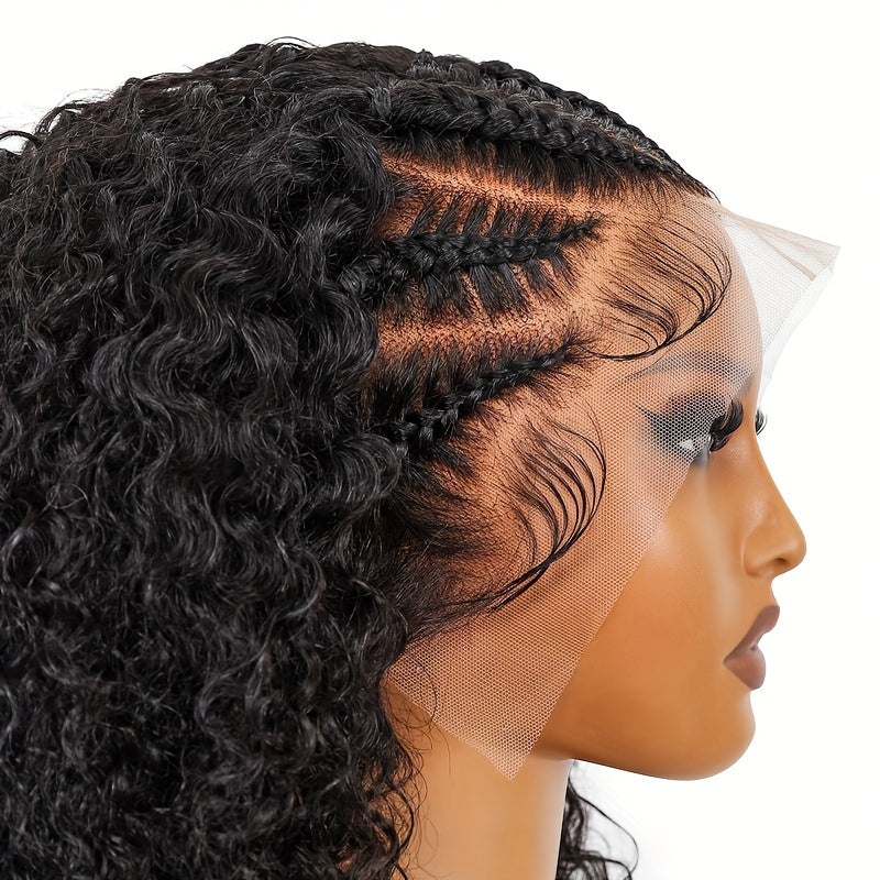 Alipearl Hair 13x4 Lace Front Braided Wig - Half-Cornrows Half-Deep Curly Human Hair, 180% Density, Natural Black with Twisted Braiding Design, Elegant Style for Women