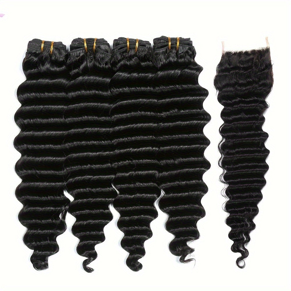 Hair Sophisticated Brazilian Deep Wave Human Hair – 4 Bundles + 4x4 Transparent Lace Closure | 100% Unprocessed Virgin Hair | Free Part | 5-Piece Bundle Deal