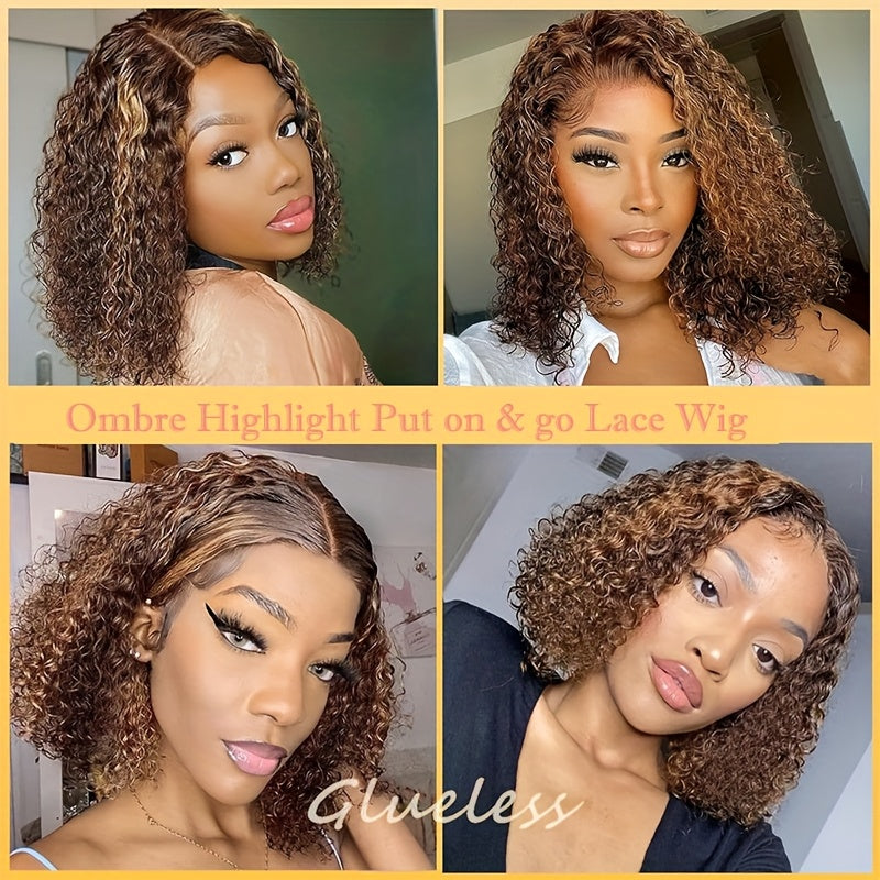 Natural Look For Women, Short Bob Honey Blonde Ombre Curly Lace Front Wig - 13x4 HD Human Hair, Pre-Plucked With Baby Hair, 250% Density Water Wave, Highlighted Gradient Color Transition, Hair Wig Perfect For Beginners