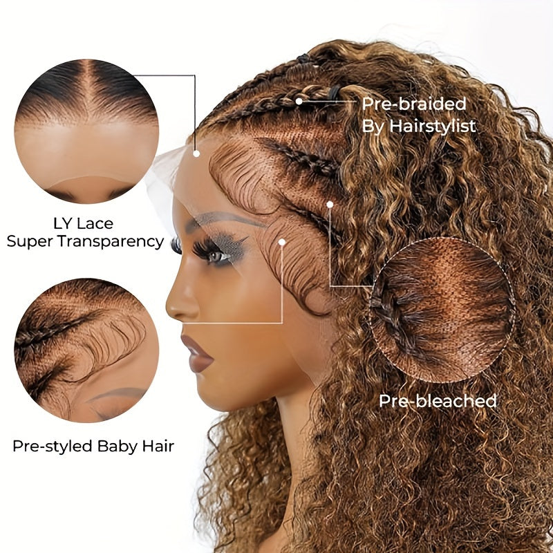 Alipearl Hair 13x4 Lace Front Braided Wig - Half-Cornrows Half-Deep Curly Human Hair, 180% Density, Natural Black with Twisted Braiding Design, Elegant Style for Women