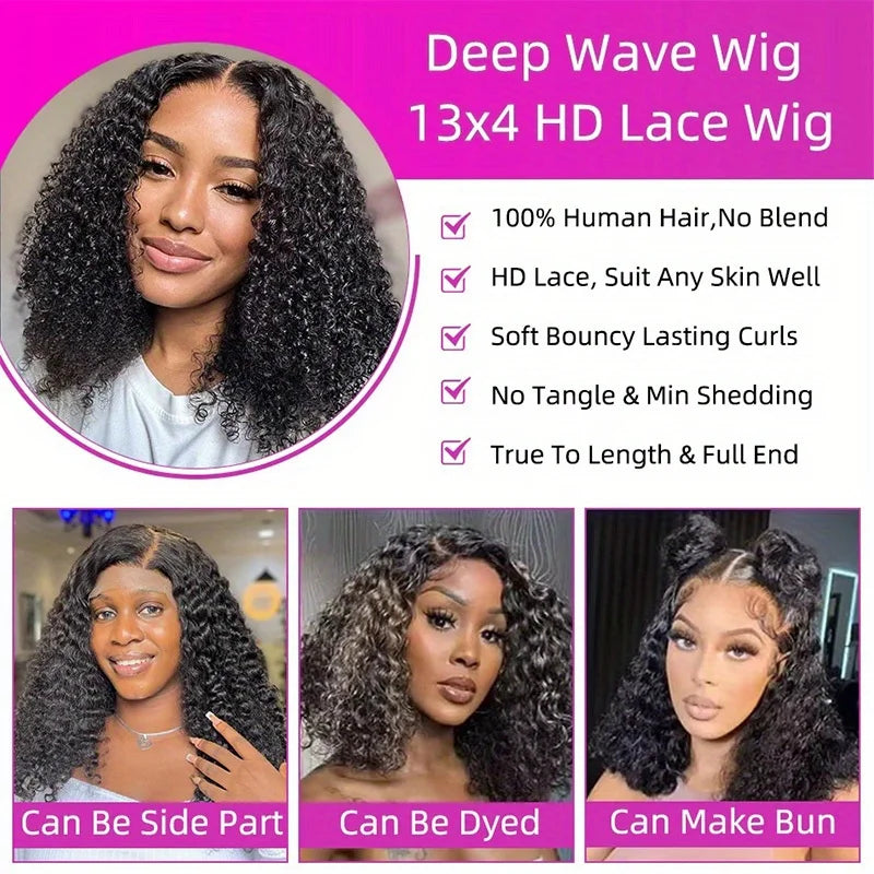 200% Density Curly Short Bob Wig Deep Wave Human Hair Bob Wigs 13x4 Lace Frontal 4x4 Lace Closure Wig Deep Curly Short Bob Wigs