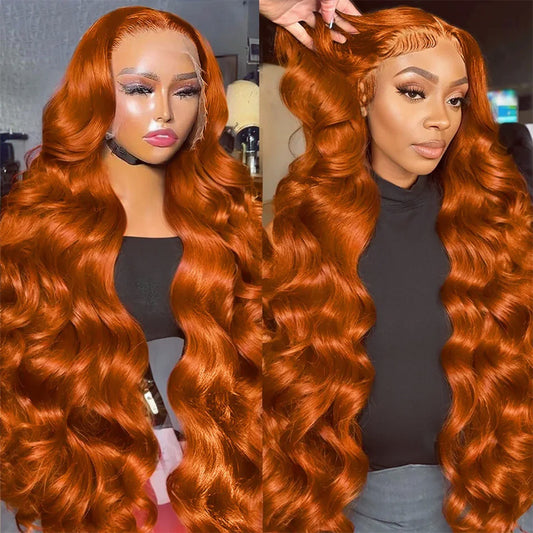 Hair Sophisticated 34" Ginger Orange Body Wave Lace Front Wig – 13x4 HD Transparent, Brazilian Virgin Human Hair, 200% Density, Pre-Plucked with Baby Hair, Natural Hairline, Christmas Gift for Women