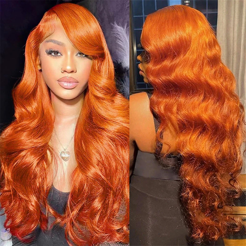 Hair Sophisticated 34" Ginger Orange Body Wave Lace Front Wig – 13x4 HD Transparent, Brazilian Virgin Human Hair, 200% Density, Pre-Plucked with Baby Hair, Natural Hairline, Christmas Gift for Women