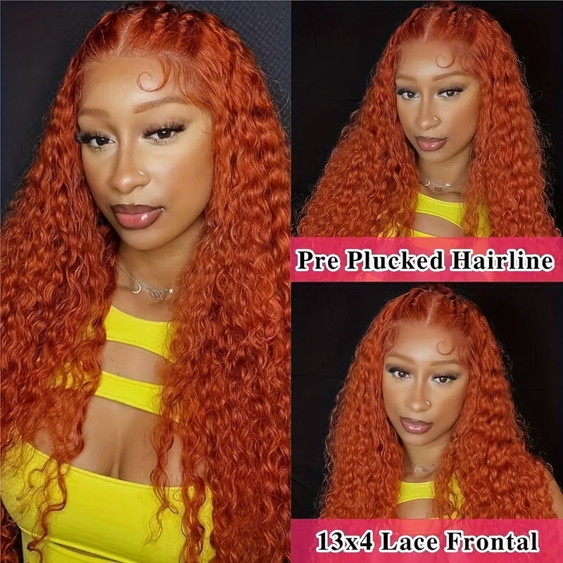 200 Density Ginger Curly Human Hair Wig - Pre-Plucked Deep Wave Lace Front Wig with 13x4 HD Transparent Lace, Elegant Style for Women, Perfect for Black Individuals, Natural Look & Full Coverage