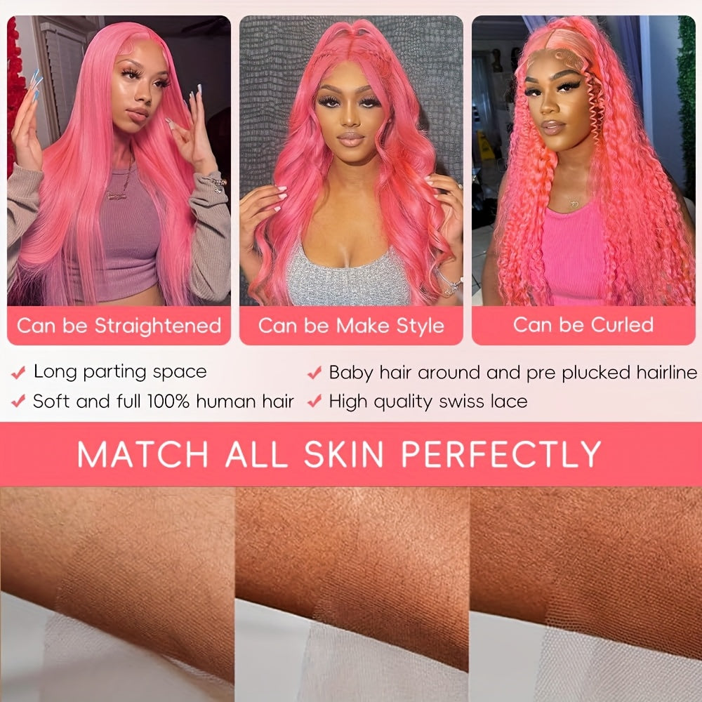 Hair Sophisticated Pink Body Wave Lace Front Wig – 13x4 HD Transparent Lace, 100% Human Hair, Pre-Plucked Hairline, Glueless, 180% Density for Women