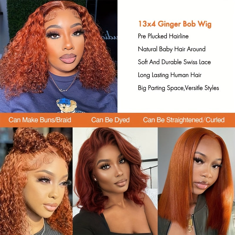 Hair Sophisticated Ginger Orange Deep Wave Bob Wig – 12 Inch 13x4 HD Lace Front, 100% Human Hair, 200% Density, Pre-Plucked with Baby Hair for a Natural Look