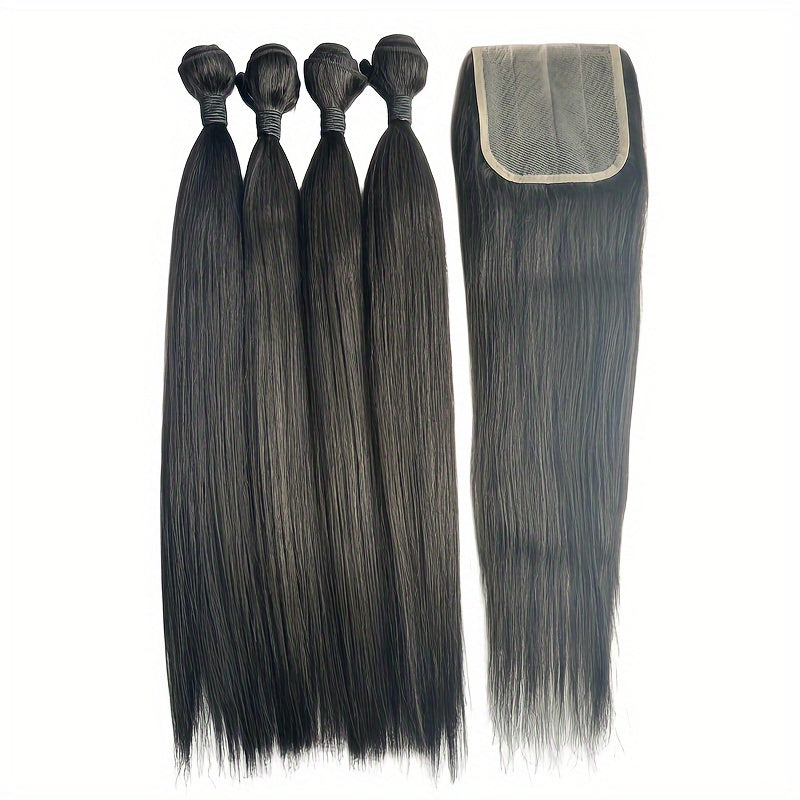 Hair Sophisticated 200G 30% Blended Human Hair Bundles – 4 Packs Straight 16-Inch with Wavy Extensions & 4x4 Lace Closure (40G), Natural Look Hair Weave Set for Women
