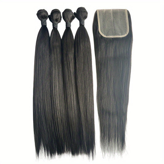 Hair Sophisticated 200G 30% Blended Human Hair Bundles – 4 Packs Straight 16-Inch with Wavy Extensions & 4x4 Lace Closure (40G), Natural Look Hair Weave Set for Women