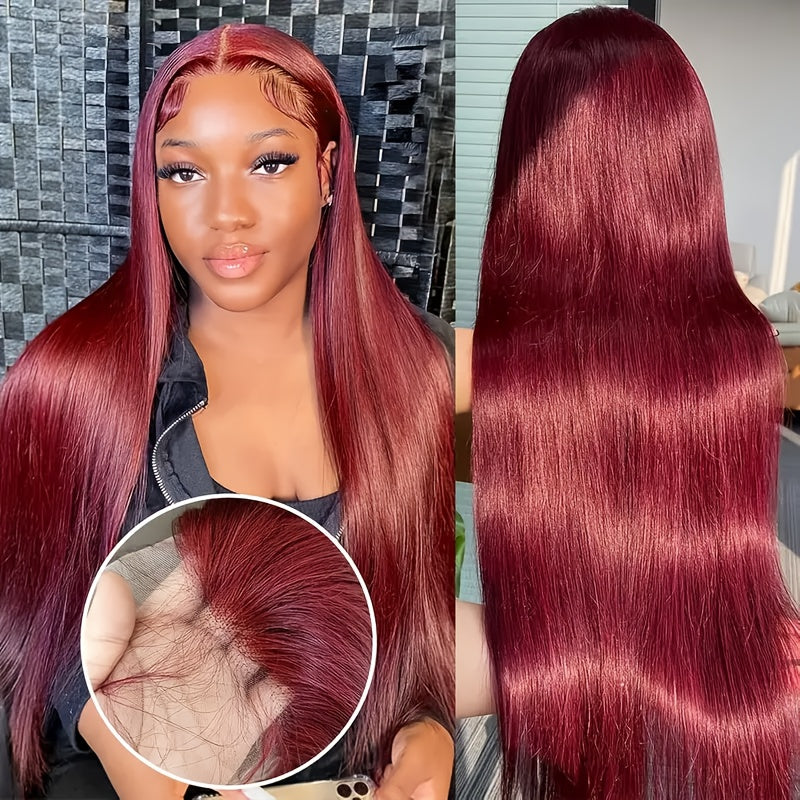 Hair Sophisticated 99J Burgundy Lace Front Wig – 13x4 HD Transparent Lace, 200% Density, Pre-Plucked with Baby Hair, Glueless Human Hair Wig, Available in 22-34 Inches
