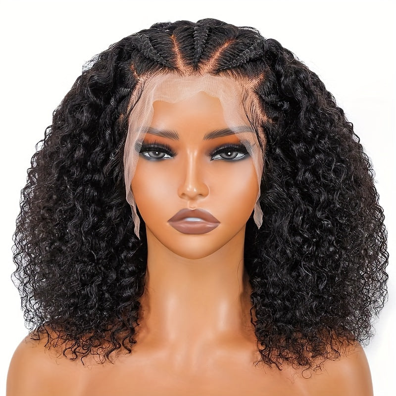 Alipearl Hair 13x4 Lace Front Braided Wig - Half-Cornrows Half-Deep Curly Human Hair, 180% Density, Natural Black with Twisted Braiding Design, Elegant Style for Women
