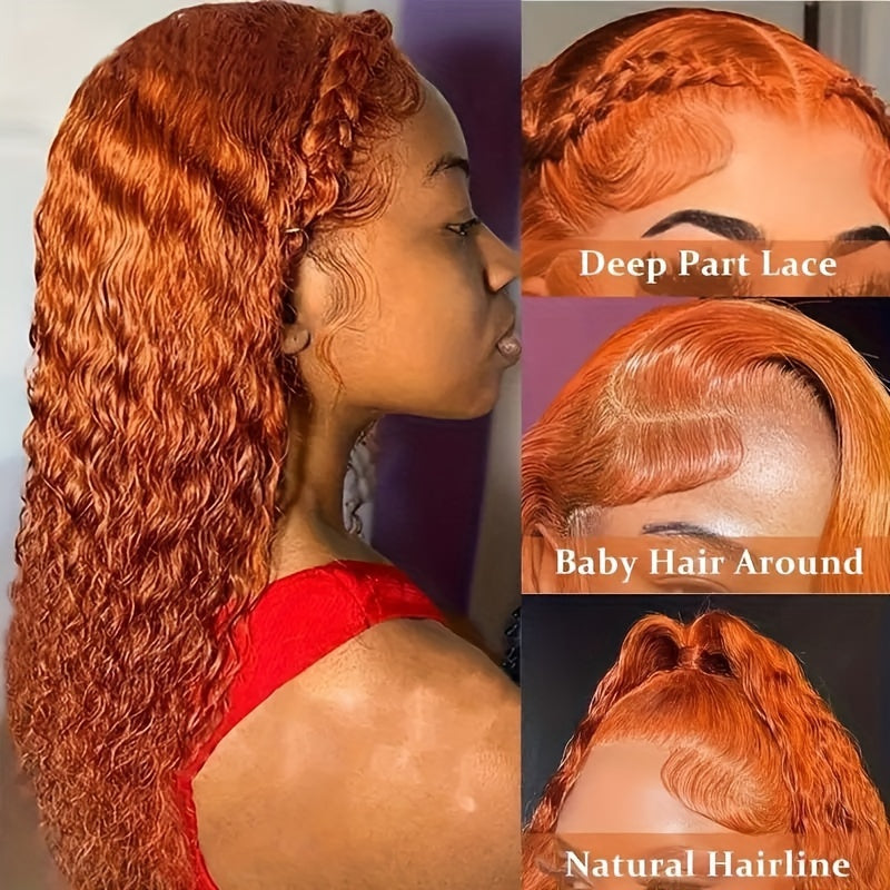 200 Density Ginger Curly Human Hair Wig - Pre-Plucked Deep Wave Lace Front Wig with 13x4 HD Transparent Lace, Elegant Style for Women, Perfect for Black Individuals, Natural Look & Full Coverage