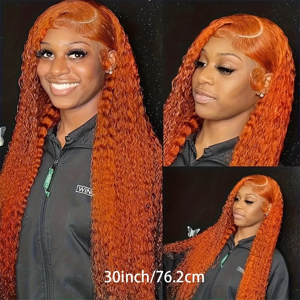 200 Density Ginger Curly Human Hair Wig - Pre-Plucked Deep Wave Lace Front Wig with 13x4 HD Transparent Lace, Elegant Style for Women, Perfect for Black Individuals, Natural Look & Full Coverage