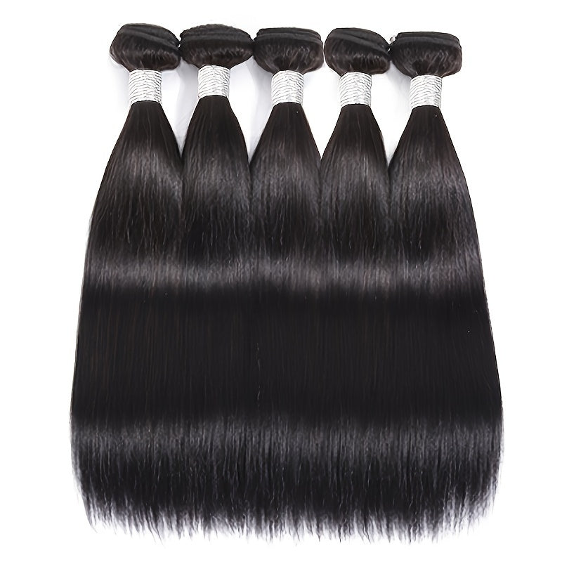 5 Bundles Brazilian Remy Human Hair Extensions with 4x4 Transparent Lace Closure - Straight Black Hair for Women, Remy Human Hair Look, Versatile Styling Options