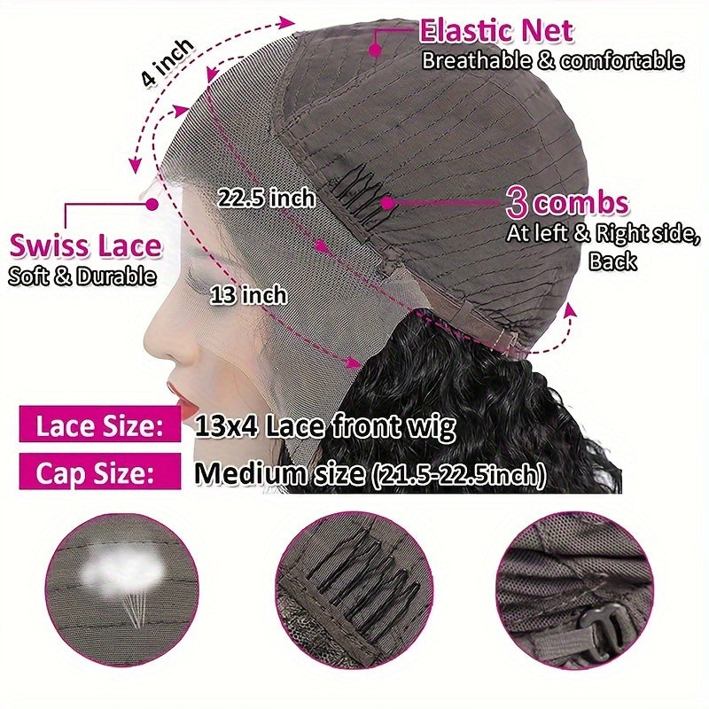 13*4 Water Wave Lace Front Glueless Human Hair Wig For Women - 200% Density, HD Deep Curly Frontal Wig - Wet And Wavy Ready To Wear