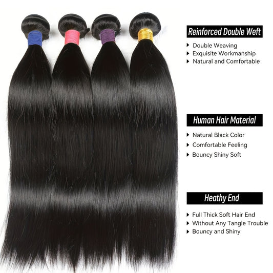 Hair Sophisticated 4 Bundles Straight 100% Unprocessed Human Hair with 4x4 T-Part Lace Closure – Natural Black, Seamless Blend for All Ethnicities