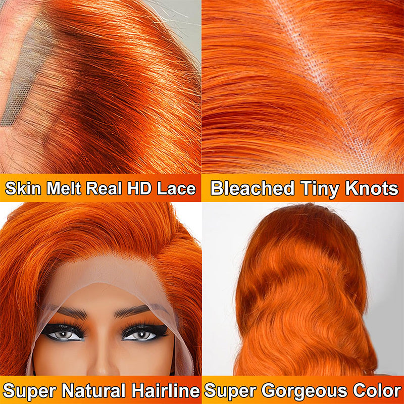 Hair Sophisticated 34" Ginger Orange Body Wave Lace Front Wig – 13x4 HD Transparent, Brazilian Virgin Human Hair, 200% Density, Pre-Plucked with Baby Hair, Natural Hairline, Christmas Gift for Women