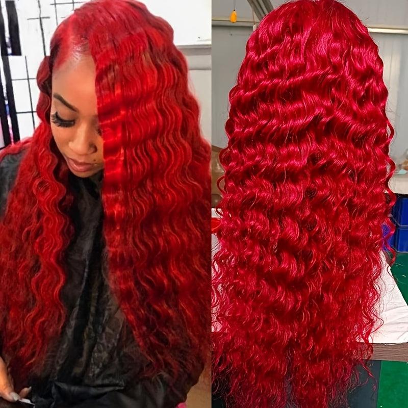 Red Color Loose Deep Wave 13x4 Transparent Lace Front Wigs for Women with Pre Plucked Glueless Wig Pre Plucked with Baby Hair Full Edges Middle Part Lace Wig for Women Girls Tax Rebate Hot Selling 230 Density