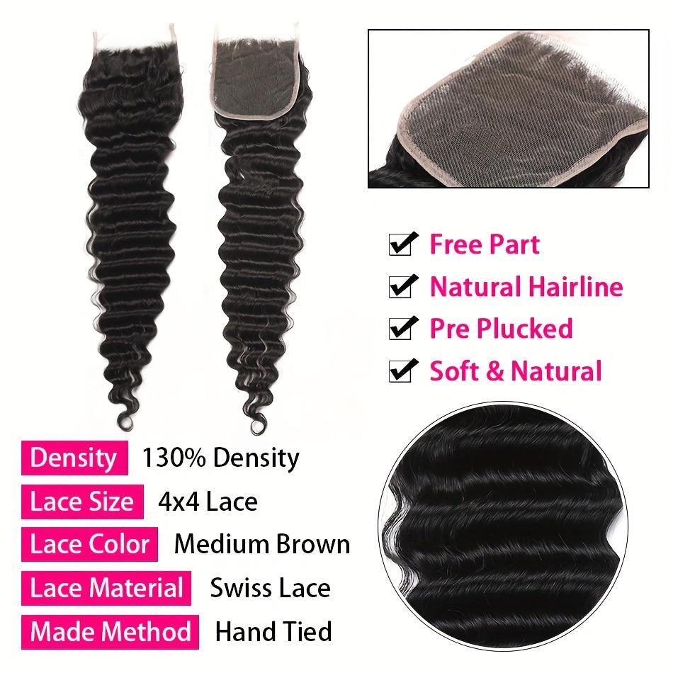Hair Sophisticated Brazilian Deep Wave Human Hair – 4 Bundles + 4x4 Transparent Lace Closure | 100% Unprocessed Virgin Hair | Free Part | 5-Piece Bundle Deal