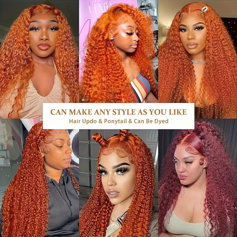 200 Density Ginger Curly Human Hair Wig - Pre-Plucked Deep Wave Lace Front Wig with 13x4 HD Transparent Lace, Elegant Style for Women, Perfect for Black Individuals, Natural Look & Full Coverage