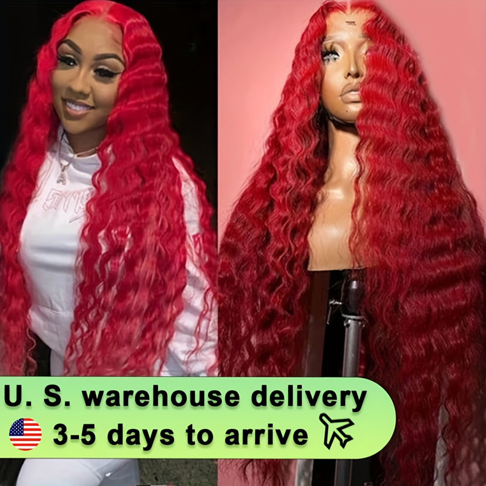 Red Color Loose Deep Wave 13x4 Transparent Lace Front Wigs for Women with Pre Plucked Glueless Wig Pre Plucked with Baby Hair Full Edges Middle Part Lace Wig for Women Girls Tax Rebate Hot Selling 230 Density
