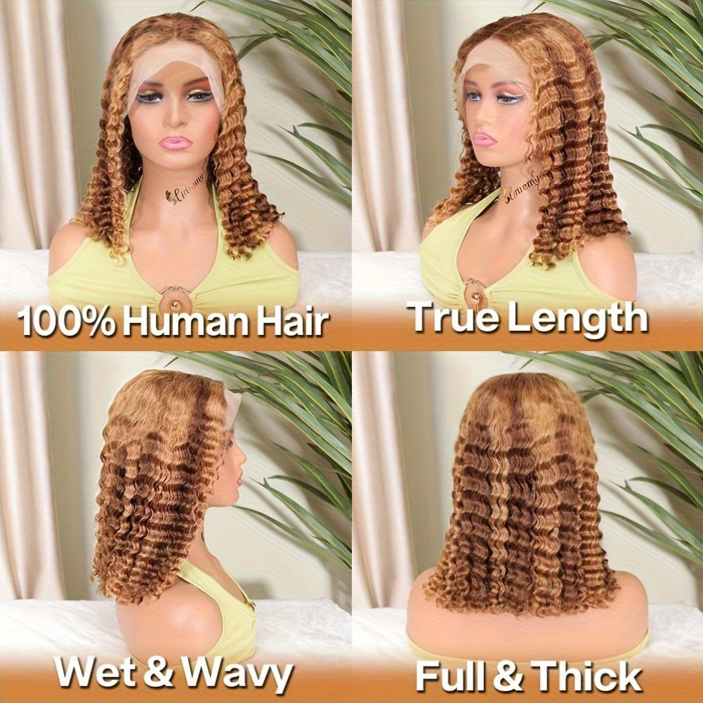 Natural Look For Women, Short Bob Honey Blonde Ombre Curly Lace Front Wig - 13x4 HD Human Hair, Pre-Plucked With Baby Hair, 250% Density Water Wave, Highlighted Gradient Color Transition, Hair Wig Perfect For Beginners