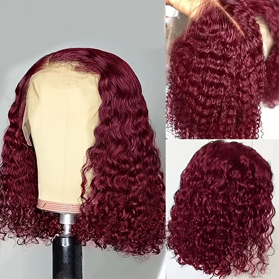 12-16 Inch Burgundy 99J Water Wave Bob Wig, 13x4 HD Human Hair, Pre-Plucked with Baby Hair, Ombre Highlight P4/27, Natural Looking Realistic Hairline, Versatile Styling Options, Elegant Wine Red Curly Style for Women, Hair Wi
