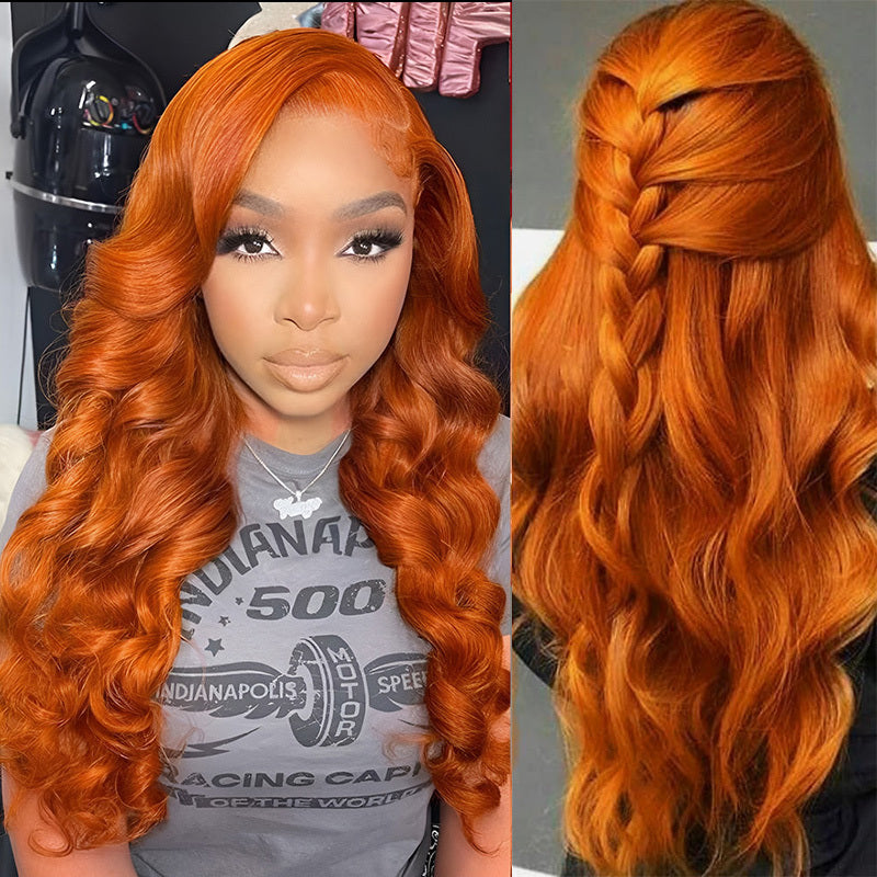 Hair Sophisticated 34" Ginger Orange Body Wave Lace Front Wig – 13x4 HD Transparent, Brazilian Virgin Human Hair, 200% Density, Pre-Plucked with Baby Hair, Natural Hairline, Christmas Gift for Women