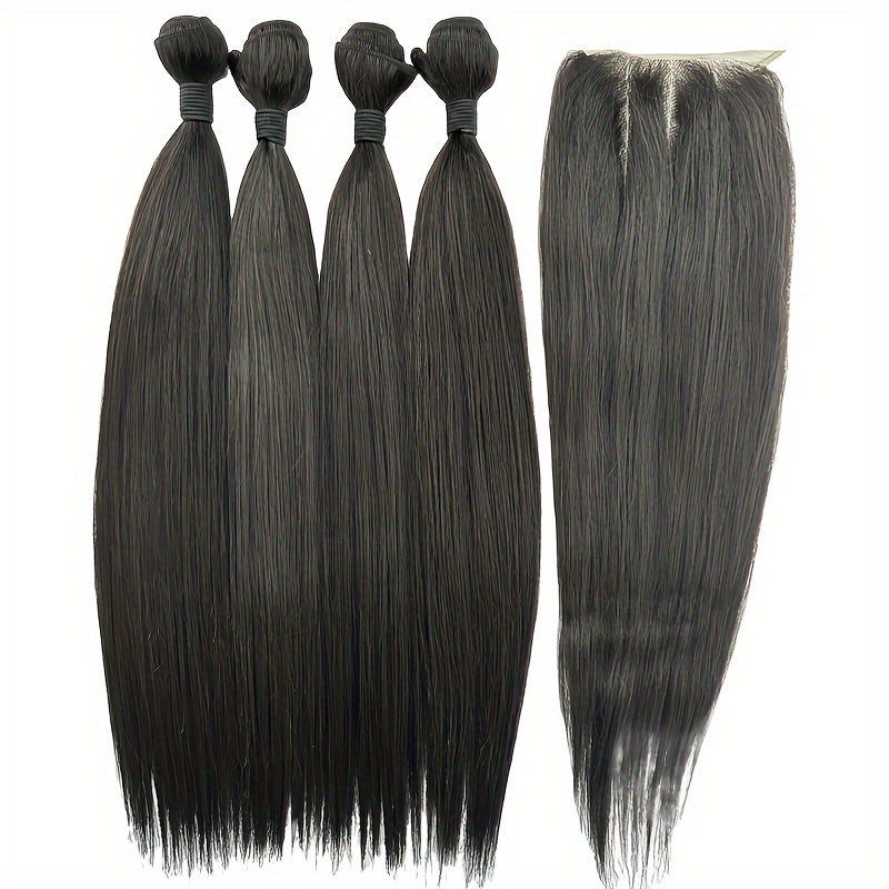 Hair Sophisticated 200G 30% Blended Human Hair Bundles – 4 Packs Straight 16-Inch with Wavy Extensions & 4x4 Lace Closure (40G), Natural Look Hair Weave Set for Women