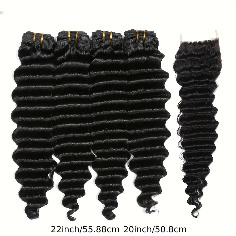 Hair Sophisticated Brazilian Deep Wave Human Hair – 4 Bundles + 4x4 Transparent Lace Closure | 100% Unprocessed Virgin Hair | Free Part | 5-Piece Bundle Deal