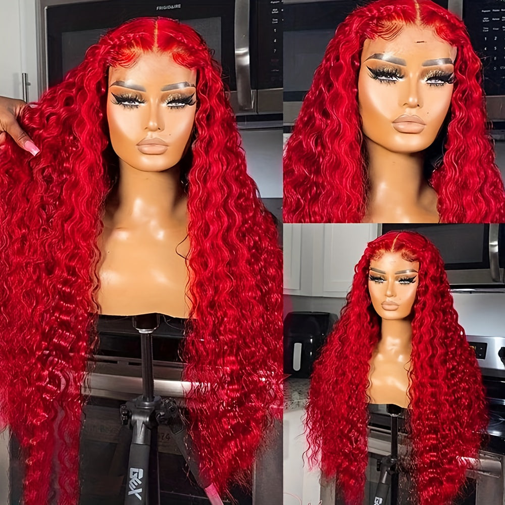 Red Color Loose Deep Wave 13x4 Transparent Lace Front Wigs for Women with Pre Plucked Glueless Wig Pre Plucked with Baby Hair Full Edges Middle Part Lace Wig for Women Girls Tax Rebate Hot Selling 230 Density