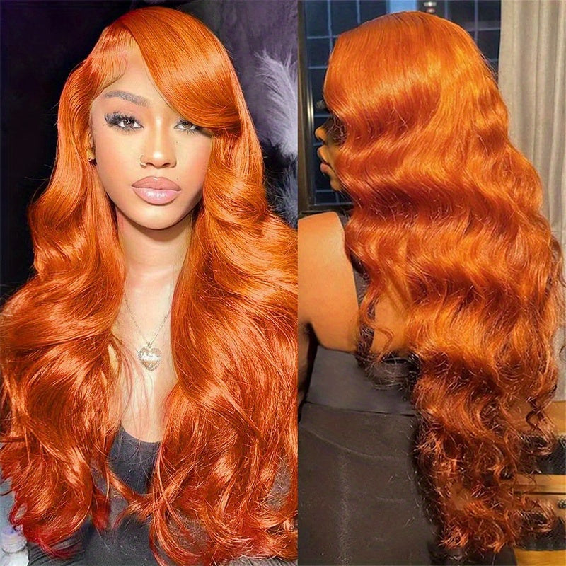 Hair Sophisticated 34" Ginger Orange Body Wave Lace Front Wig – 13x4 HD Transparent, Brazilian Virgin Human Hair, 200% Density, Pre-Plucked with Baby Hair, Natural Hairline, Christmas Gift for Women