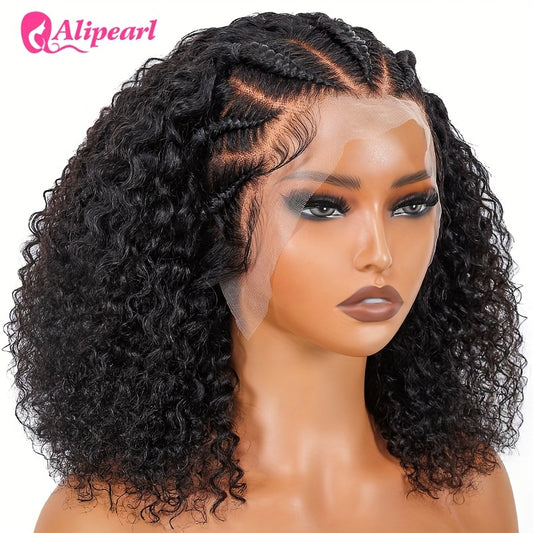 Alipearl Hair 13x4 Lace Front Braided Wig - Half-Cornrows Half-Deep Curly Human Hair, 180% Density, Natural Black with Twisted Braiding Design, Elegant Style for Women