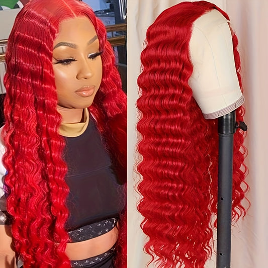 Red Color Loose Deep Wave 13x4 Transparent Lace Front Wigs for Women with Pre Plucked Glueless Wig Pre Plucked with Baby Hair Full Edges Middle Part Lace Wig for Women Girls Tax Rebate Hot Selling 230 Density