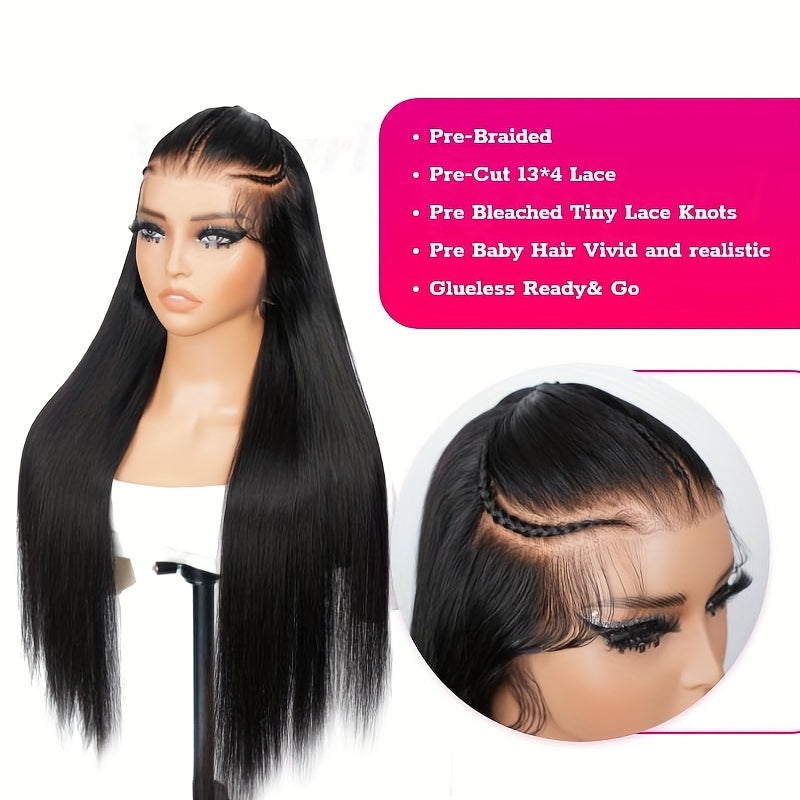 Hair Sophisticated Pre-Braided Wear & Go Wig – 13x4 HD Transparent Lace Front Human Hair Wig, Straight, Glueless, Pre-Cut, Pre-Styled, 180% Density