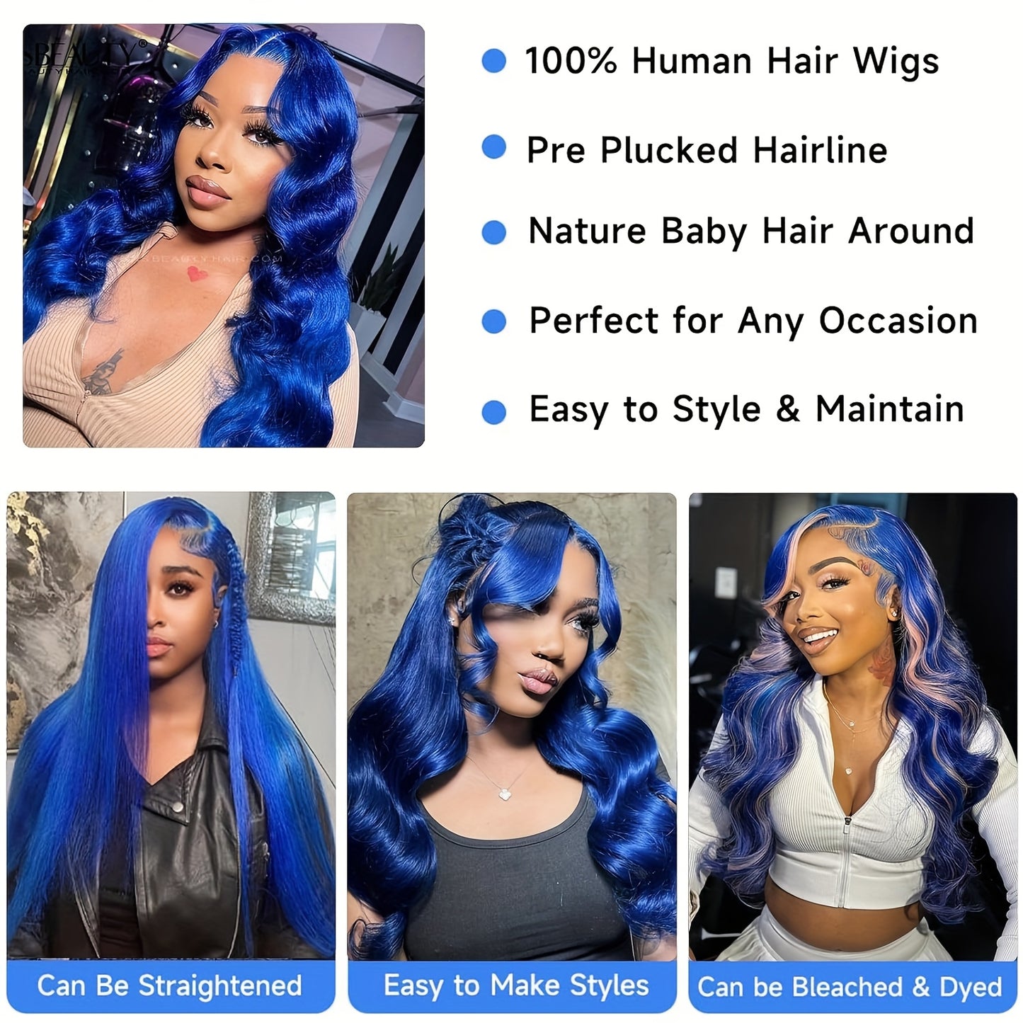 Hair Sophisticated Blue Body Wave Lace Front Wig – 13x4 HD Lace, 100% Human Hair, Pre-Plucked, Glueless, 12A Grade, 180% Density, Vibrant Colored Wig for Women